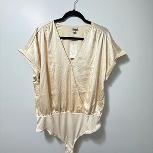 A New Day Beige Satin V-Neck Top